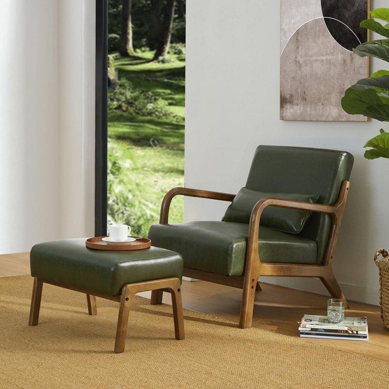 Yeşil Suni Deri Kauçuk Ağacı Ayaklı Puflu Mid-Century Tekli Koltuk - 204788