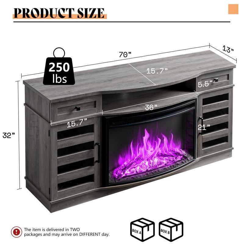 Yıkanmış Gri MDF LEDli Kavisli Şömineli TV Ünitesi - 178 cm - 220866