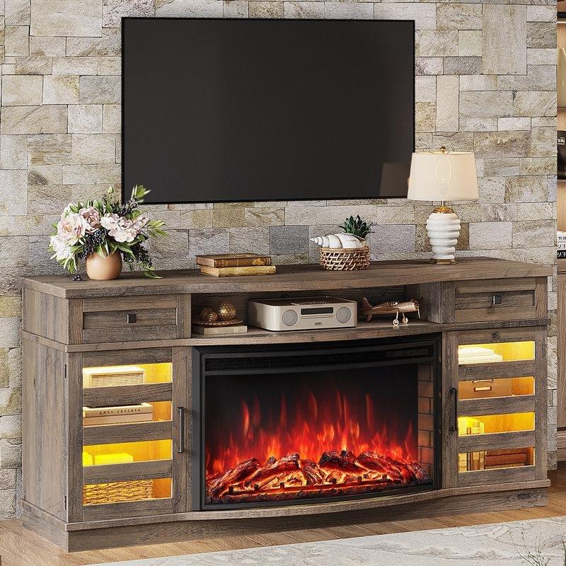 Yıkanmış Gri MDF LEDli Kavisli Şömineli TV Ünitesi - 178 cm - 220866