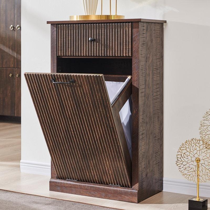 Yivli Çekmeceli MDF Devrilebilir Çamaşır Sepeti Dolabı - 55x34x91 cm - 187416