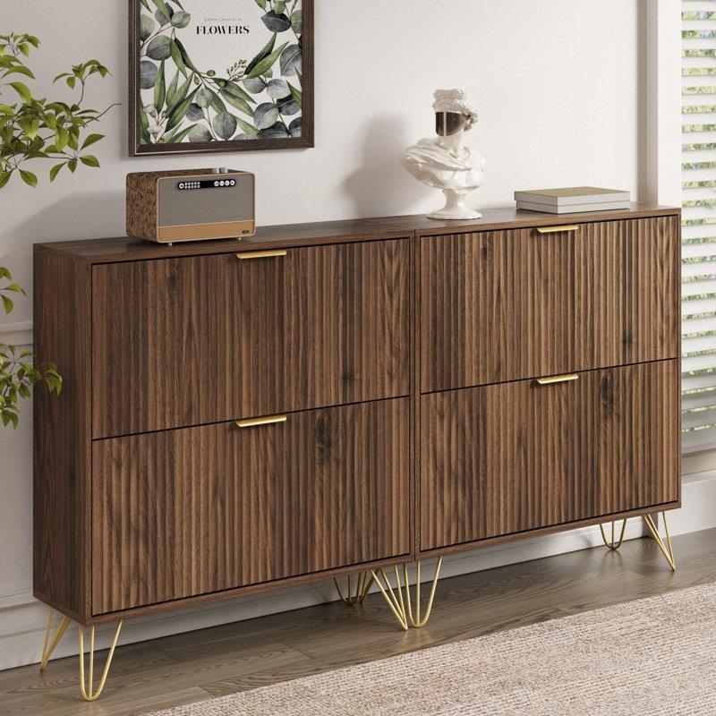 Yivli Gold Kulplu 4 Düşer Kapaklı 2li Set Ahşap Ayakkabılık - 81x24x88 cm - 230337