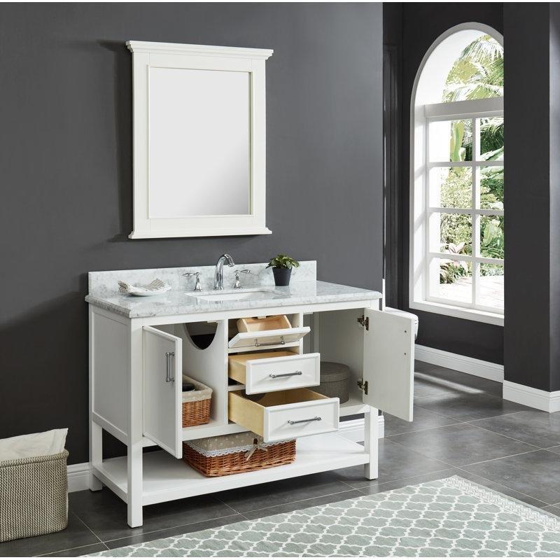 Yumuşak Beyaz Mermer Tezgahlı Masif Ahşap Çekmeceli Banyo Lavabo Dolabı - 125 cm - 201278