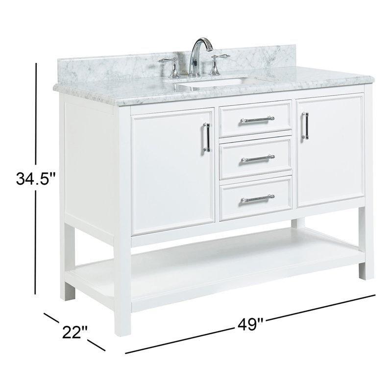 Yumuşak Beyaz Mermer Tezgahlı Masif Ahşap Çekmeceli Banyo Lavabo Dolabı - 125 cm - 201278