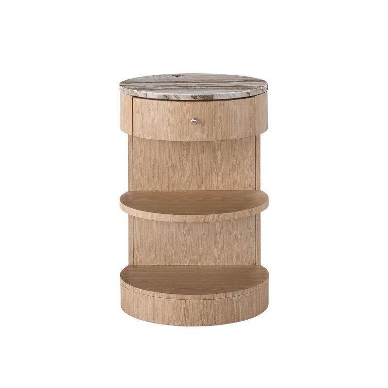 Yuvarlak Mermer Tablalı Meşe Tek Çekmeceli Raflı Komodin - 51 cm - 223861