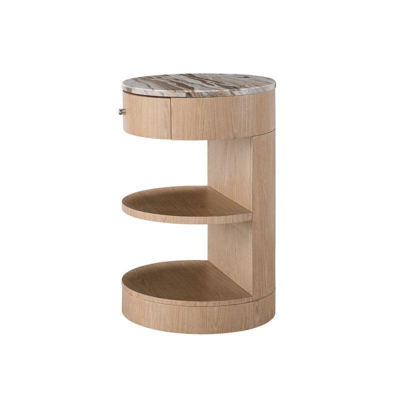 Yuvarlak Mermer Tablalı Meşe Tek Çekmeceli Raflı Komodin - 51 cm - 223861