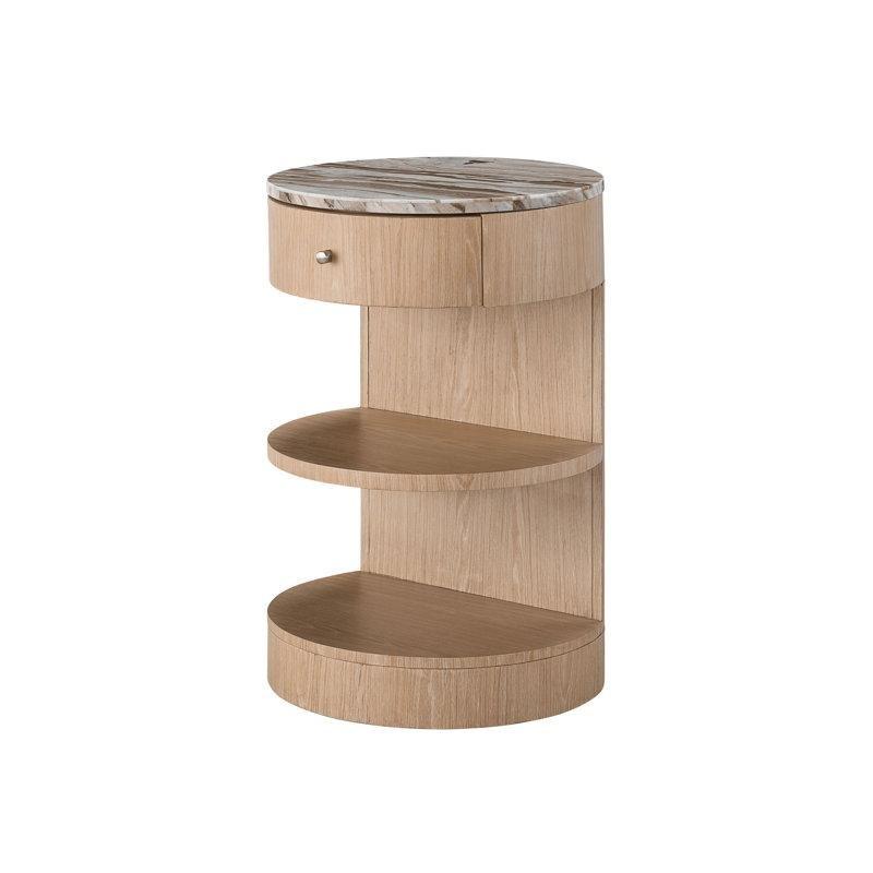 Yuvarlak Mermer Tablalı Meşe Tek Çekmeceli Raflı Komodin - 51 cm - 223861