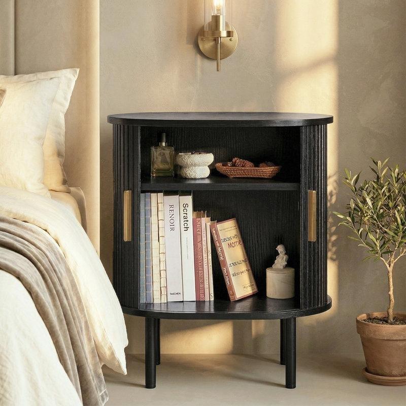 Yuvarlak Tambur Kapaklı Yivli MDF Komodin - 55 cm - 223199