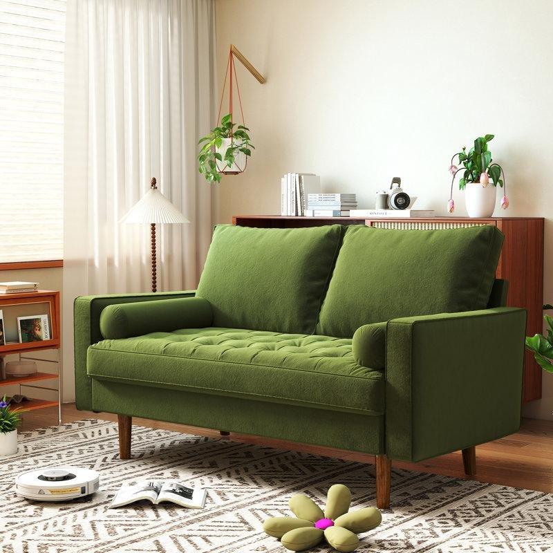 Zeytin Yeşili Kadife Kapitoneli Gold Metal Ayaklı İkili Koltuk - 148 cm - 196509