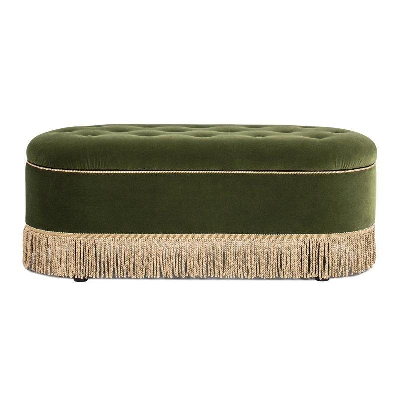 Zeytin Yeşili Kadife Sandıklı Kapitoneli Püsküllü Oval Bench - 124 cm - 164395
