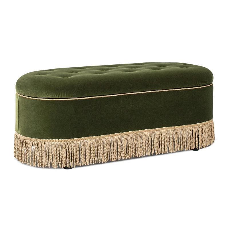 Zeytin Yeşili Kadife Sandıklı Kapitoneli Püsküllü Oval Bench - 124 cm - 164395