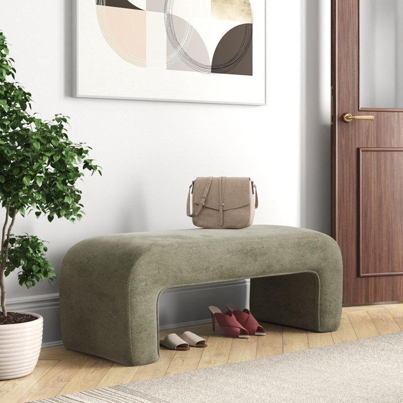 Zeytin Yeşili Şönil Kumaş Döşemeli Masif Ahşap Şelale Tasarım Bench - 120 cm - 164710