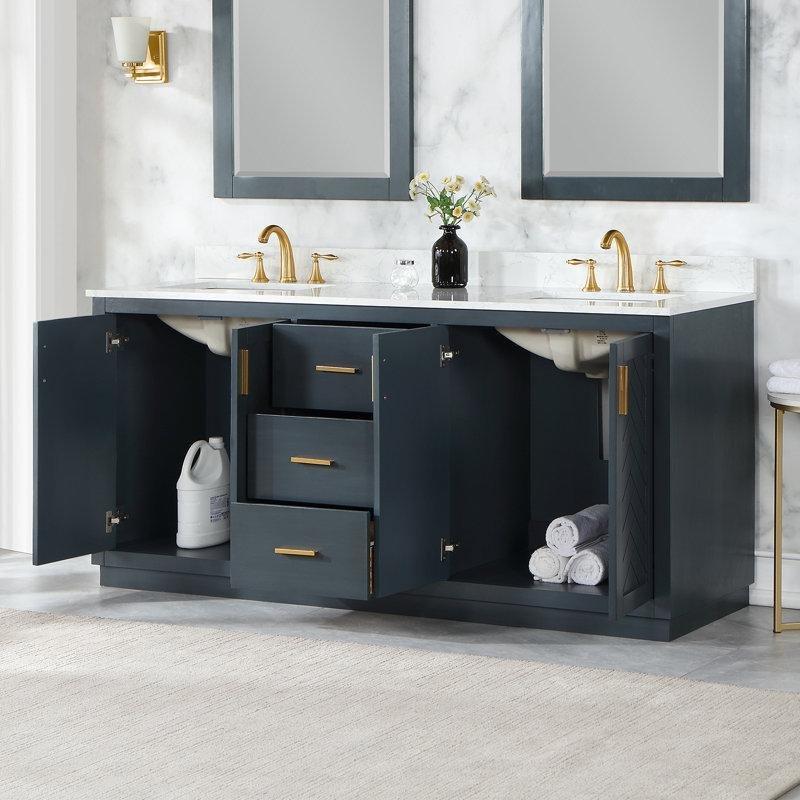 Zikzak Desenli Kapaklı İkili Lavabolu Endüstriyel Taş Tezgahlı Ayaklı Banyo Lavabo Dolabı - 183 cm - 198185