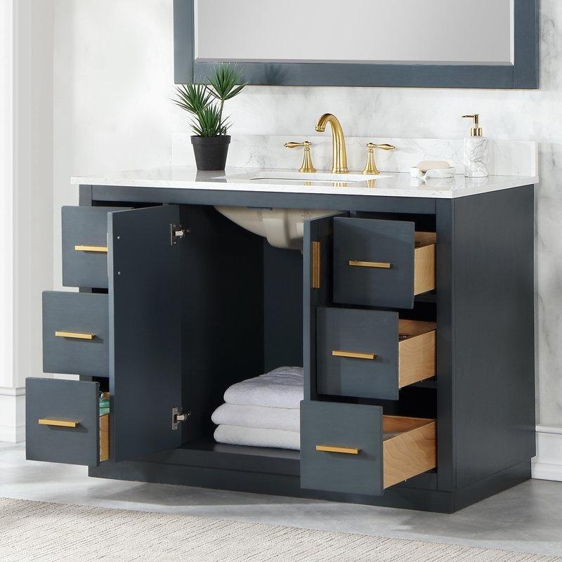 Zikzak Desenli Masif Ahşap Gövdeli ve Beyaz Endüstriyel Taş Tezgahlı Ayaklı Banyo Lavabo Dolabı - 122 cm - 198203