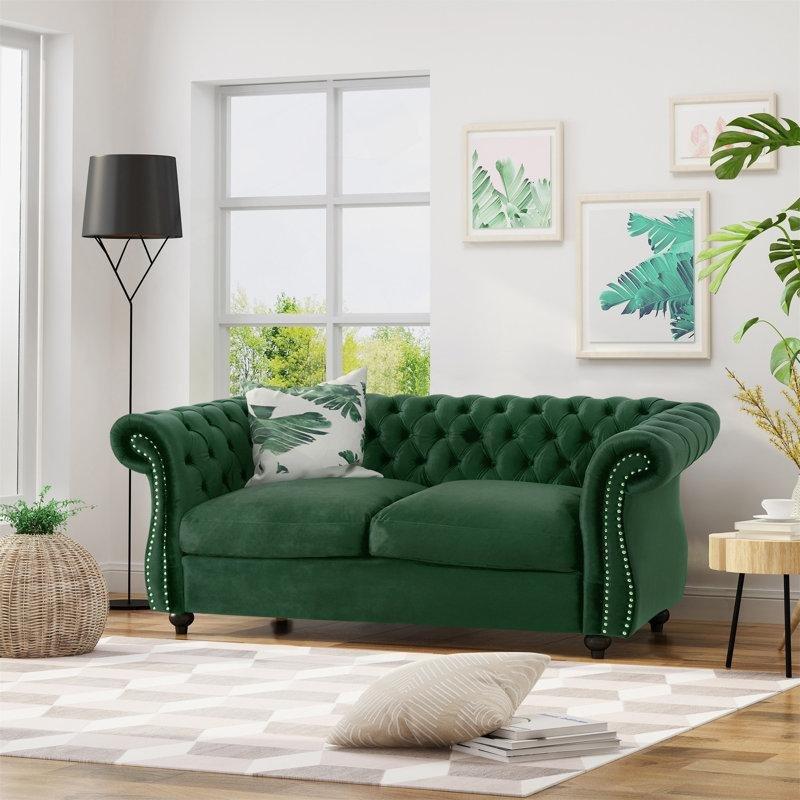 Zümrüt Kadife Chesterfield Kapitoneli Zımba Detaylı İkili Koltuk - 157 cm - 195218