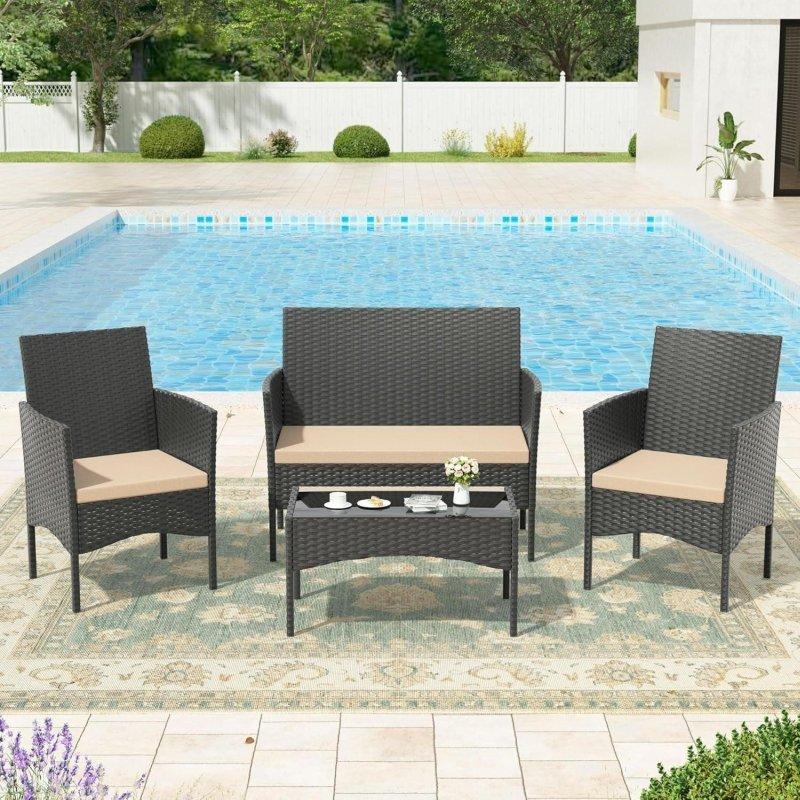 4 Parça Yüksek Sırtlı Suya Dayanıklı Rattan Bahçe Takımı - 269479
