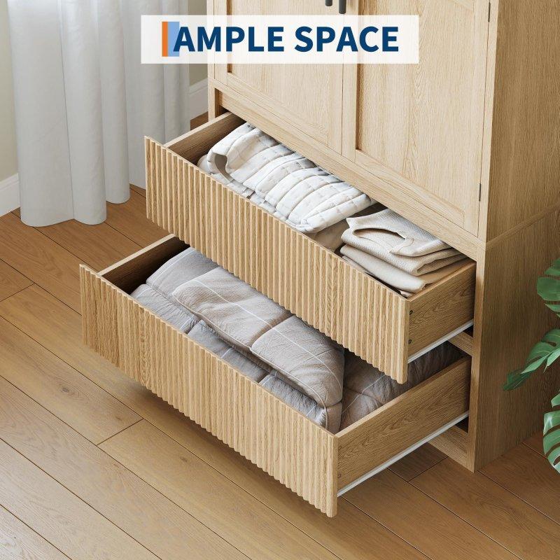 Açık Ahşap MDF Cam Kapaklı ve Yivli Çekmeceli Askılıklı Şifonyer - 81x51x168 cm - 309455