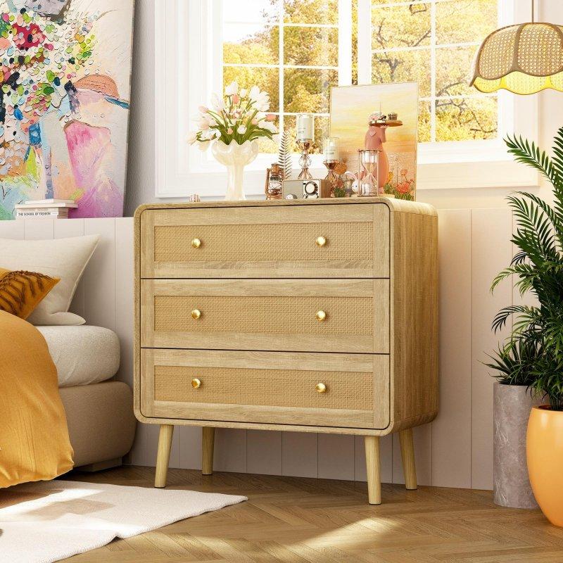 Açık Ahşap Rengi Hasır Çekmeceli Gold Kulplu MDF Şifonyer - 81x82x36 cm - 296375