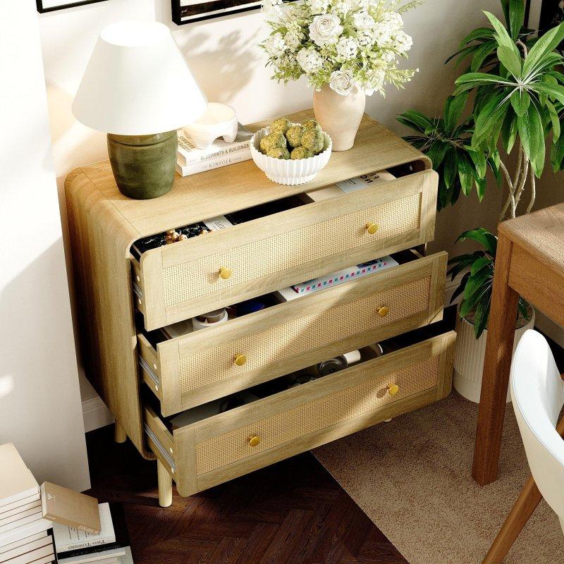 Açık Ahşap Rengi Hasır Çekmeceli Gold Kulplu MDF Şifonyer - 81x82x36 cm - 296375