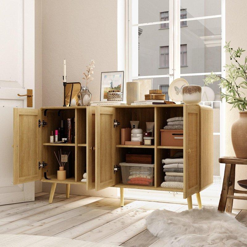 Açık Ahşap Rengi MDF Rattan Kapaklı Gold Kulplu Bohem Konsol - 140x82x36 cm - 325415