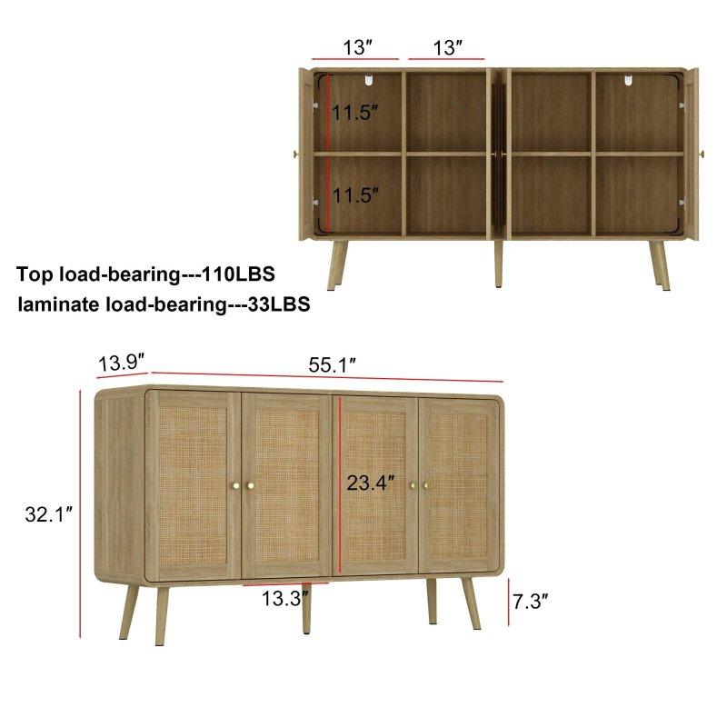 Açık Ahşap Rengi MDF Rattan Kapaklı Gold Kulplu Bohem Konsol - 140x82x36 cm - 325415