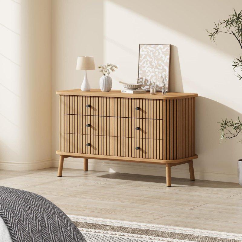 Açık Ahşap Tonlu Bambu Dokulu 6 Çekmeceli MDF Şifonyer - 120x40x66 cm - 310331