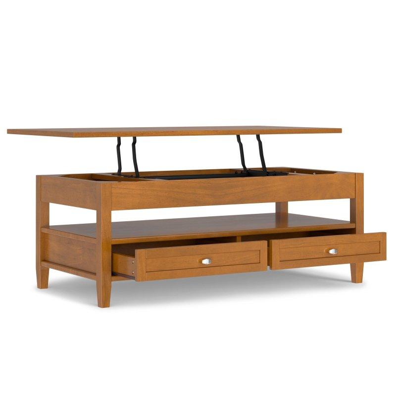 Açık Altın Kahverengi Masif Çam Ağacı Kalkar Kapaklı 2 Çekmeceli Raflı Akıllı Sehpa - 122x61 cm - 254198