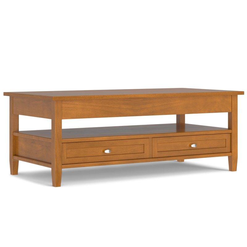 Açık Altın Kahverengi Masif Çam Ağacı Kalkar Kapaklı 2 Çekmeceli Raflı Akıllı Sehpa - 122x61 cm - 254198