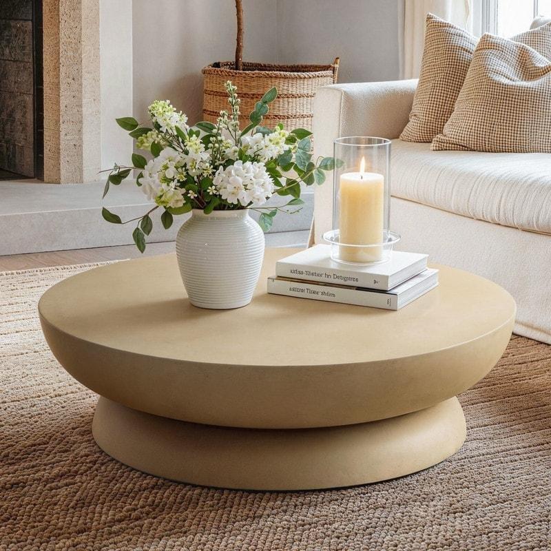 Açık Bej Beton El Yapımı İki Katlı Yuvarlak Orta Sehpa - 81 cm - 239677