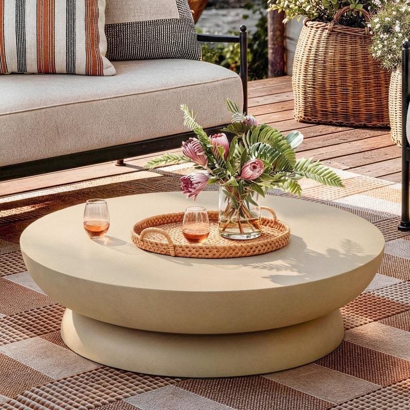 Açık Bej Beton El Yapımı İki Katlı Yuvarlak Orta Sehpa - 81 cm - 239677