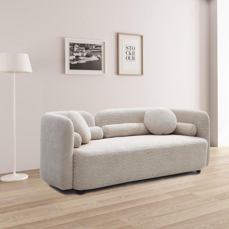 Açık Bej Bukle Kumaş Masif Ahşap Japandi Tarzı 2 Kişilik Bohem Koltuk - 176x87 cm - 293522