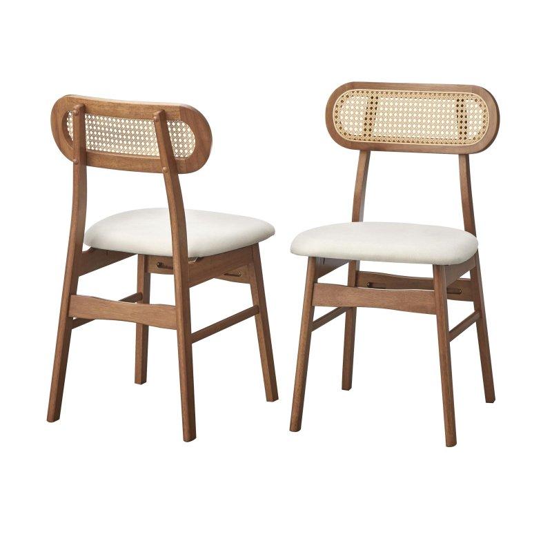 Açık Ceviz Masif Kauçuk Ağacı Bej Kumaş Döşemeli 2li Set Rattan Sandalye - 252413