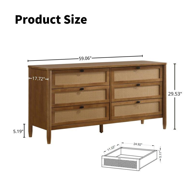 Açık Ceviz Rengi Masif Ahşap ve Rattan 6 Çekmeceli Şifonyer - 150 cm - 305596