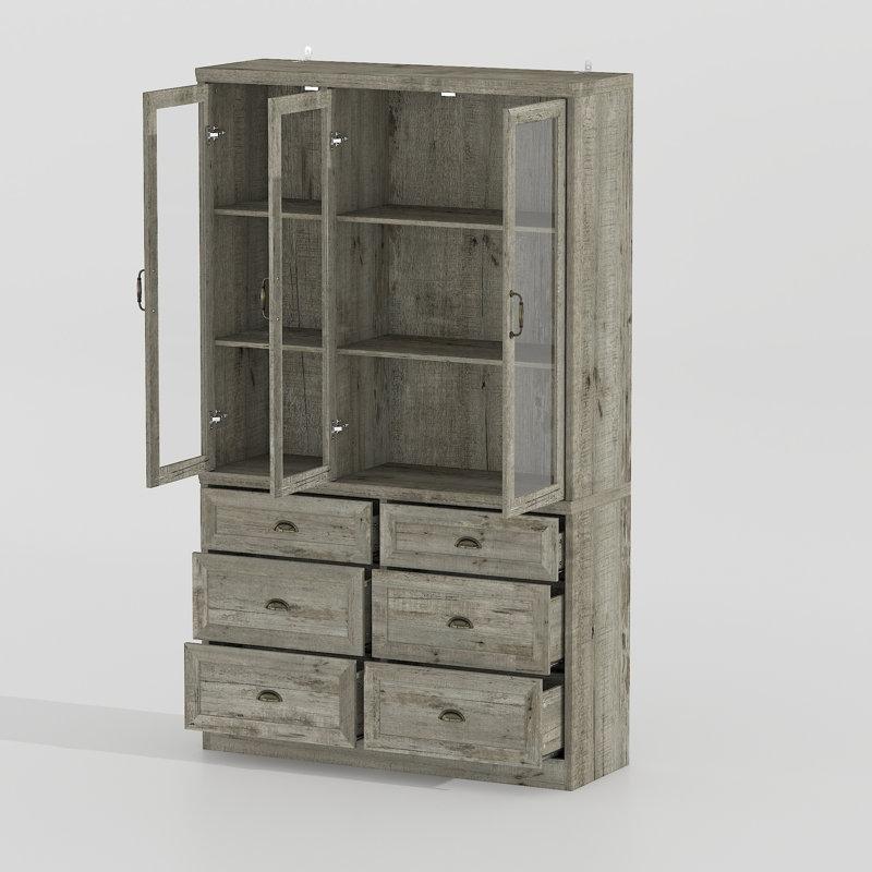 Açık Gri Ahşap 6 Çekmeceli Vintage Kulplu Cam Kapaklı Kitaplık - 120x39x200 cm - 238373