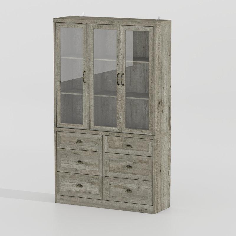 Açık Gri Ahşap 6 Çekmeceli Vintage Kulplu Cam Kapaklı Kitaplık - 120x39x200 cm - 238373