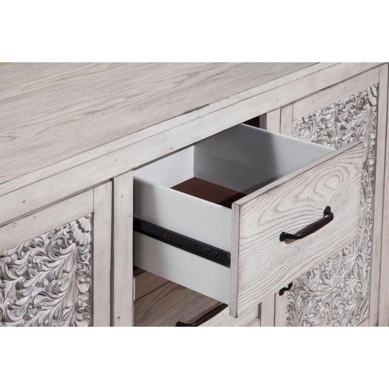 Açık Gri Eskitme Maun Ahşap Oyma Çiçek Desenli 3 Çekmeceli 2 Kapaklı Şifonyer - 161 cm - 300900