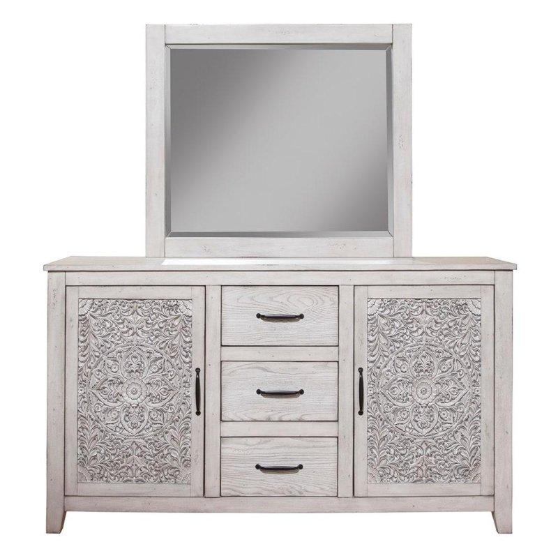 Açık Gri Eskitme Maun Ahşap Oyma Çiçek Desenli 3 Çekmeceli 2 Kapaklı Şifonyer - 161 cm - 300900