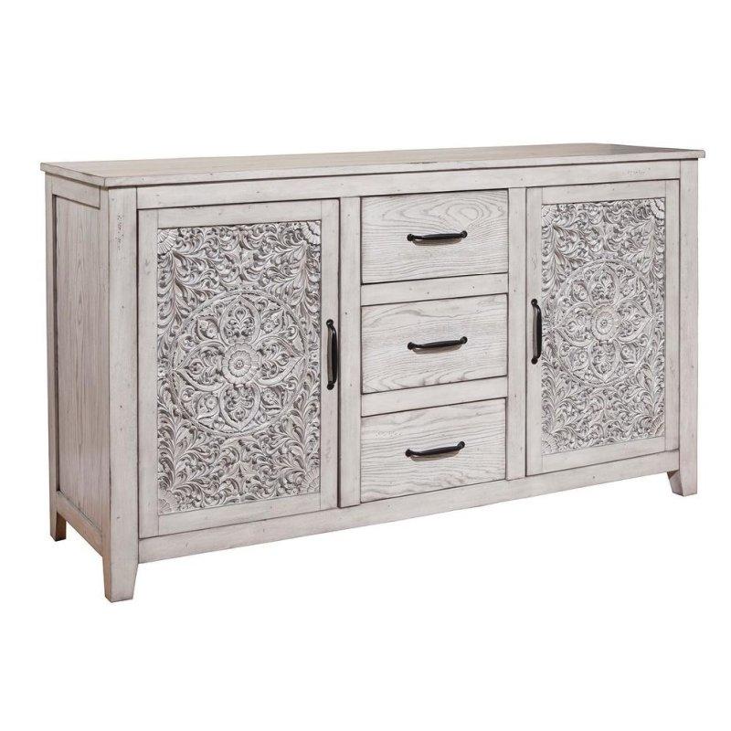 Açık Gri Eskitme Maun Ahşap Oyma Çiçek Desenli 3 Çekmeceli 2 Kapaklı Şifonyer - 161 cm - 300900