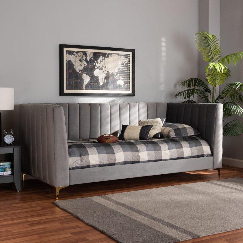Açık Gri Kadife Dikey Dikişli Gold Metal Ayaklı Daybed Karyola - 330243