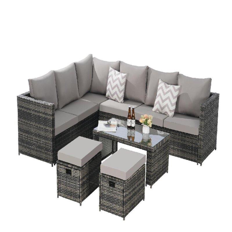Açık Gri Rattan Minderli 6 Parça Cam Sehpalı Bahçe Takımı - 273226