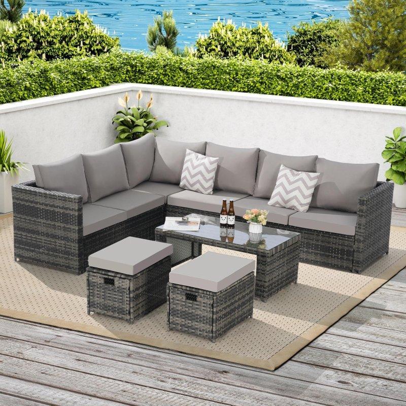 Açık Gri Rattan Minderli 6 Parça Cam Sehpalı Bahçe Takımı - 273226