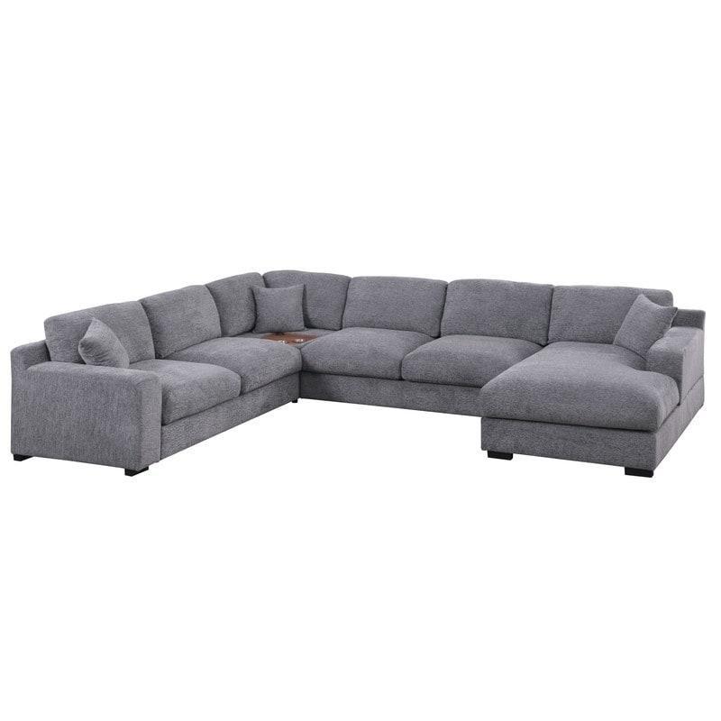 Açık Gri Şönil Kumaş Sağ Uzanmalı Bardaklıklı ve USB Şarj Portlu U Köşe Koltuk - 326x254 cm - 259757