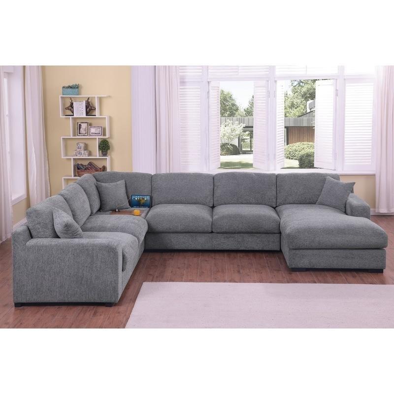 Açık Gri Şönil Kumaş Sağ Uzanmalı Bardaklıklı ve USB Şarj Portlu U Köşe Koltuk - 326x254 cm - 259757