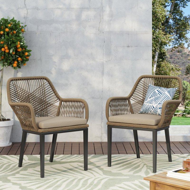 Açık Kahverengi Bej Minderli Siyah Demir Ayaklı 2li Set Rattan Sandalye - 252684