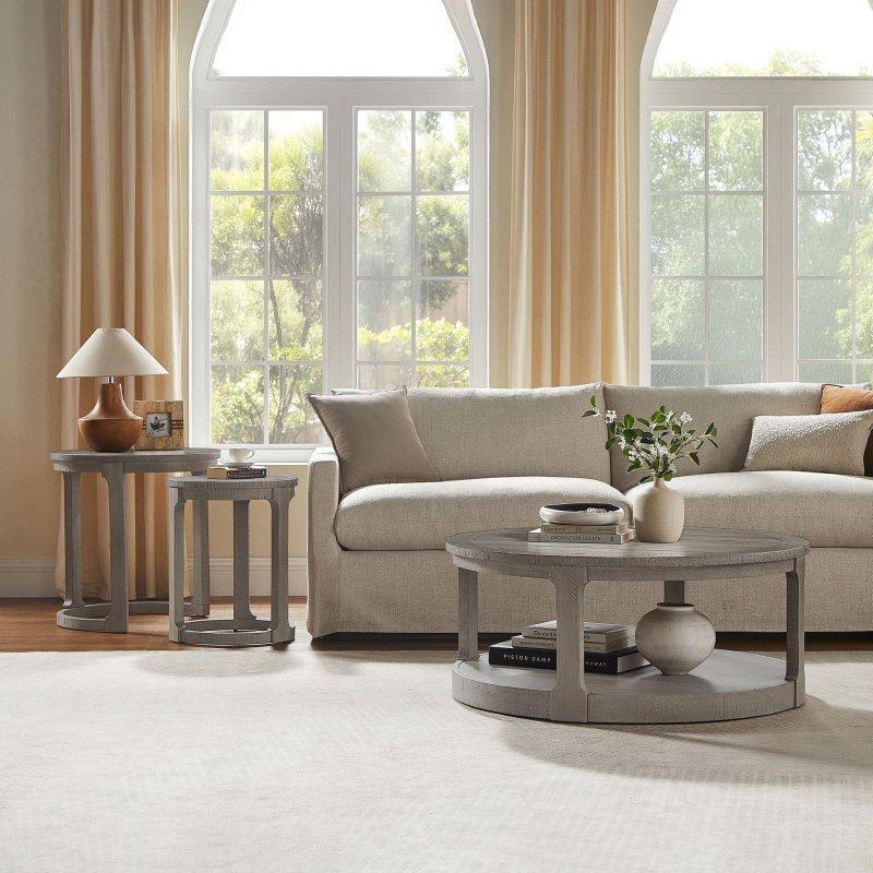 Açık Kahverengi Masif Çam ve MDF İkili Zigon Yuvarlak Orta Sehpa - 61x61x61 cm - 240315