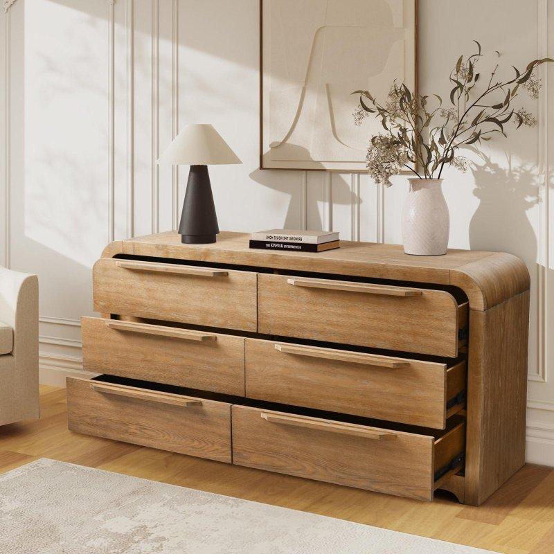 Açık Kahverengi Masif Kauçuk Ağacı ve MDF 6 Çekmeceli Gizli Bölmeli Kadife Astarlı Şifonyer - 158 cm - 301184