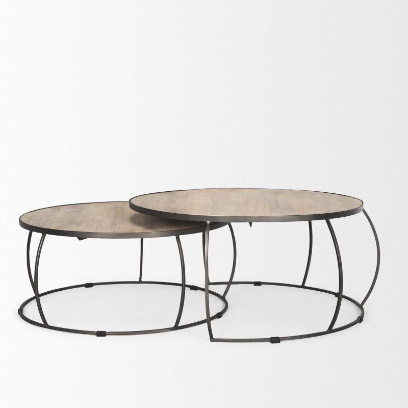 Açık Kahverengi Masif Mango Ağacı ve Gümüş Demir İskeletli Zigon İkili Yuvarlak Orta Sehpa - 105x51 cm - 241870