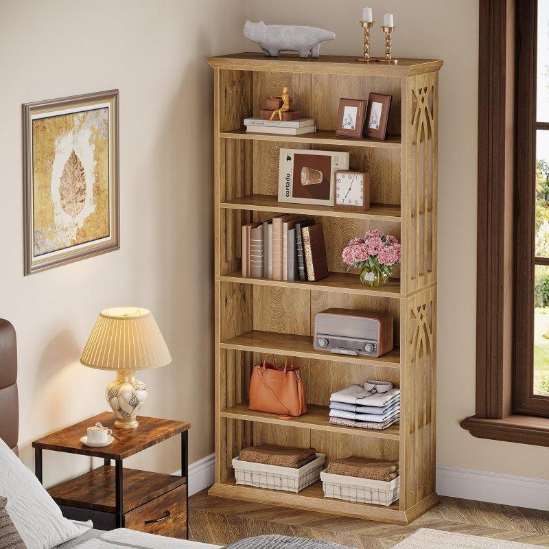Açık Kahverengi MDF 6 Raflı Ayarlanabilir Ayaklı Kitaplık - 190 cm - 316499