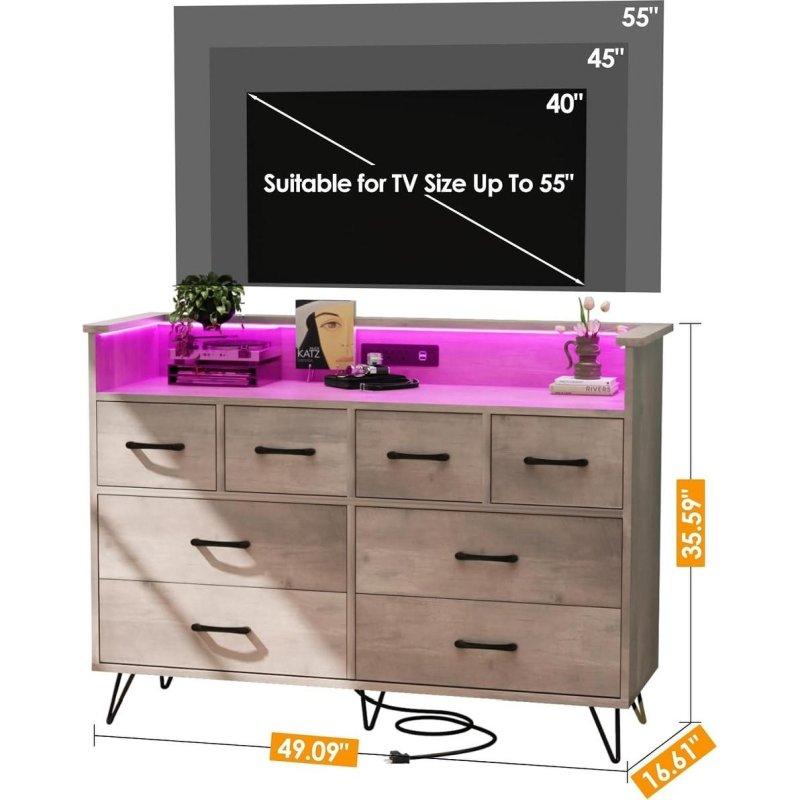Açık Kahverengi Meşe ve Metal 8 Çekmeceli LED Aydınlatmalı Şarj İstasyonlu Şifonyer - 125x43x91 cm - 296739