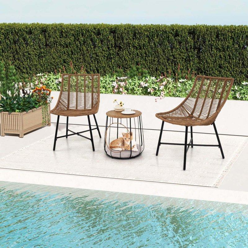 Açık Kahverengi PE Rattan Metal Evcil Hayvan Yuvalı 3 Parça Bahçe Takımı - 269412