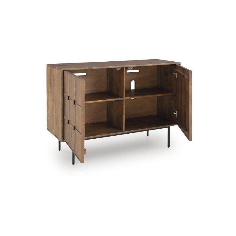 Açık Kahverengi ve Siyah Masif Mango Ahşap Oyma Izgara Desenli Mıknatıslı Kapaklı Kitaplık - 112x82x41 cm - 313441